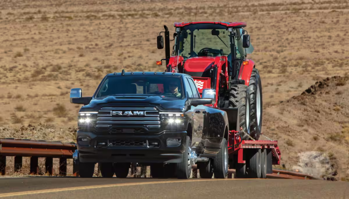 The 2026 RAM 3500 hauling a tractor